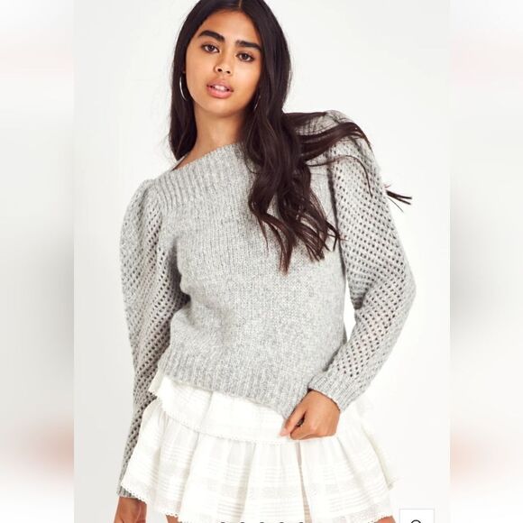 LoveShackFancy Rosie Pullover Gray Sweater Puffer Sleeve Size Medium - Picture 2 of 15